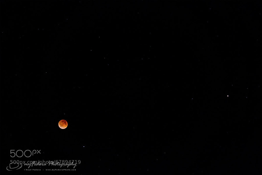 Trying to shoot the Lunar Eclipse (aka Blood Moon) for the first time, it was a cold, windy night in Colorado. Although my fingers froze (I have a problem with that), I did manage to get a few shots in acceptable focus anyway. Since Mars was so close, I really wanted to capture the Moon with Mars in the same frame capturing the contrast of the two this cold evening/morning.  The bottom right of the Moon is the bright double star Spica.